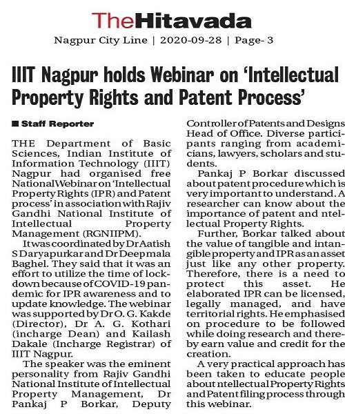 IIIT Nagpur organized National Workshop on IPR - 2020 
