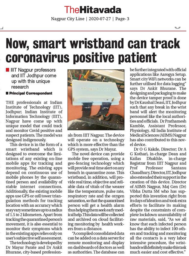 Smart Wristband designed by IIIT, Nagpur for Covid-19 patients